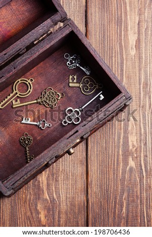 vintage keys inside old treasure chest on wooden background