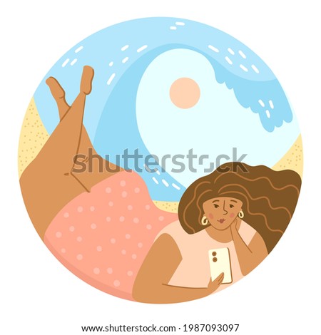Illustration of a attractive chubby girl with a phone lies on the beach. Summer mood. Composition in a circle. Simple flat style. Suitable for icons, banners, flyers.