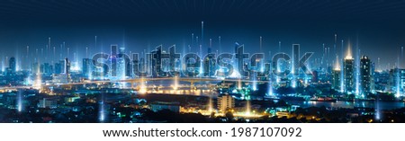 Banner smart city dot point connect with gradient line, connection technology metaverse concept. Bangkok city background at night with big data in Thailand, Panorama view.  Royalty-Free Stock Photo #1987107092