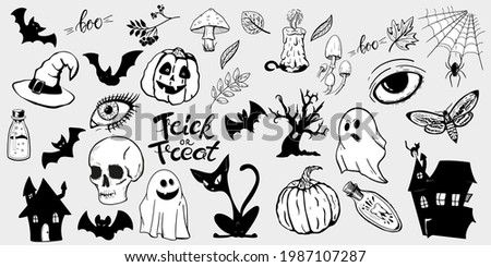 Halloween Symbols set. Vintage Boho Sketches in tattoo style of the Spooky Night of Halloween. Skull, Pumpkin, Bottles, and Other Elements of All Saints Night.