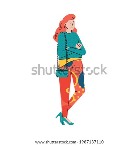 Young woman standing with arms crossed isolated on white background. Cartoon redhead girl in colorful modern clothes in waiting pose, vector illustration.