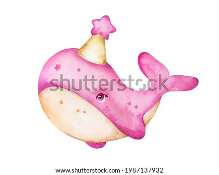 Cute pink whale hand drawn in watercolor. Clip art with cheerful character for invitations, baby showers, happy birthday card.
