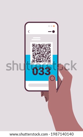 human hand using qr barcode with queue number on smartphone screen electronic queuing system Royalty-Free Stock Photo #1987140140