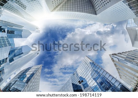 Large skyscrapers shot with a fisheye lens La DÃ?Â?Ã?Â©fense major business district near Paris, France