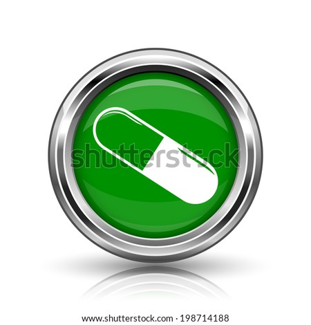 Pill icon. Metallic internet button on white background. 