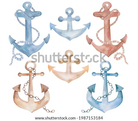 Watercolor hand drawn set of anchors with rope and chain for ship, vessel, boat sea ocean style. Marine clip art element for fabric textile, clothes print, summer design cards, posters, wrapping paper
