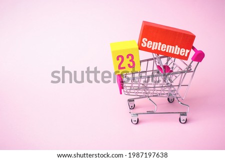 September 23rd. Day 23 of month, Calendar date. Close up toy metal shopping cart with red and yellow box inside with Calendar date on pink background. Autumn month, day of the year concept