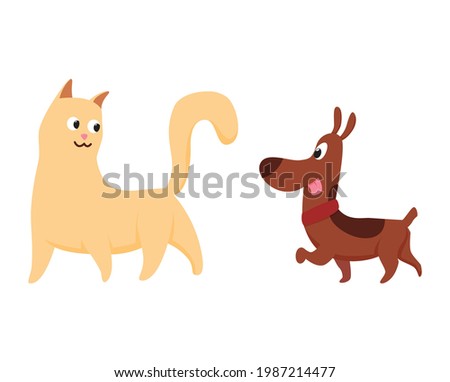 Cats and dog characters best happy friends. Together playing isolated on white background. Funny flat cartoon colorful friendship pets. Vector illustration