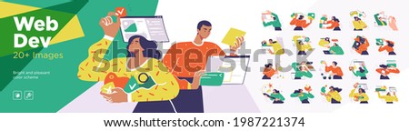 Programming Illustration Set. Different characters working on web and application development on computers. Software developers. Flat vector style illustrations.