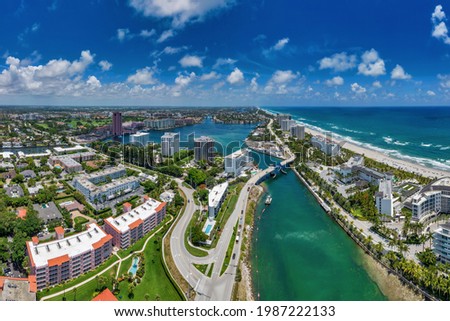 aerial view looking north, of boca raton, florida, with atlantic ocean to the east and intracoastal waterway in foreground. Royalty-Free Stock Photo #1987222133
