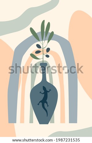 Vase and plant branch. Abstract minimalist boho poster or t shirt design template 