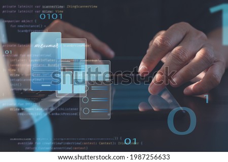 UX UI, Mobile apps user interface designs, digital software technology development. Graphic designer planning application process development prototype wireframe for mobile phone. User experience Royalty-Free Stock Photo #1987256633