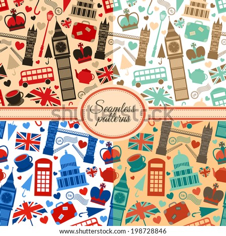 Collection of seamless patterns with London landmarks and Britain symbols vector illustration