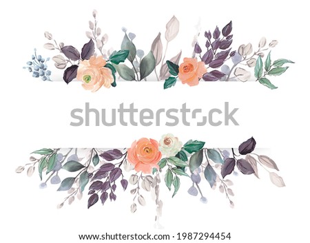 Watercolor Hand Painted Banner With Orange Roses and Silver Leaves. Template for Invitation, Wedding or Greeting Cards.