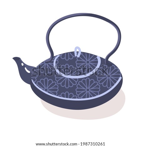 Chinese teapot with flower ornament, Isolated on white background. Vector illustration. Food, Drinks, tasty, delicious. Clip art for Food blogging, Asian Restaurant interior or menu design. 