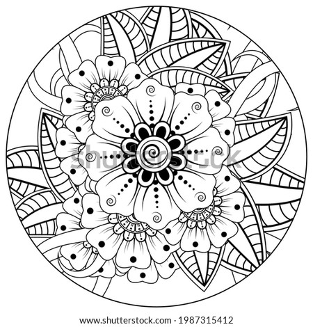 Outline round flower pattern in mehndi style for coloring book page. doodle ornament in black and white. hand draw illustration.