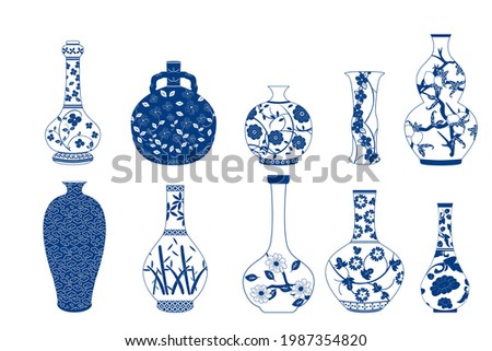 Vase Set. Chinese porcelain vase, ceramic vase, antique blue and white pottery vase with landscape painting. Oriental decorative elements collection of vases for your interior design. Royalty-Free Stock Photo #1987354820