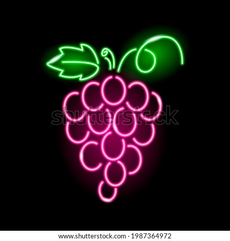 Neon icon of bunch of grapes with leaf isolated on black background. Summer, vine, winery, fresh juice concept for logo, banner. Illustration.