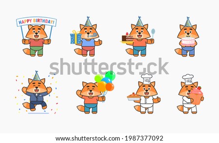 Set of cute fox characters showing various birthday party actions. Cheerful fox holding gift box, cake, balloons, banner, cupcake and other situations. Vector illustration bundle