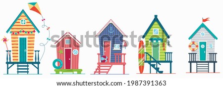 Set of beach houses. Huts and bungalow collection. Marine buildings on sea beach. Flat vector illustration isolated on white background. Royalty-Free Stock Photo #1987391363