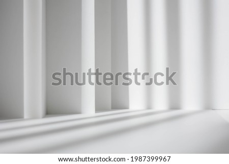 Abstract white studio background for product presentation. Empty gray room with shadows of window. Display product with blurred backdrop.