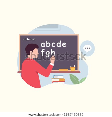 Teacher writing alphabet on blackboard clip art design concept vector illustration