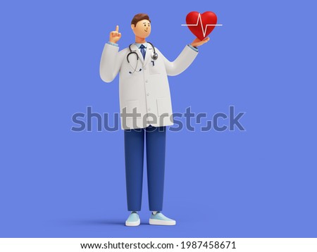 3d render. Cardiologist cartoon character shows finger up, holds red heart symbol. Clip art isolated on blue background. Medical application concept