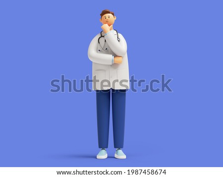 3d render. Doctor cartoon character standing and thinking. Professional therapist wearing white lab coat and stethoscope. Clip art isolated on blue background