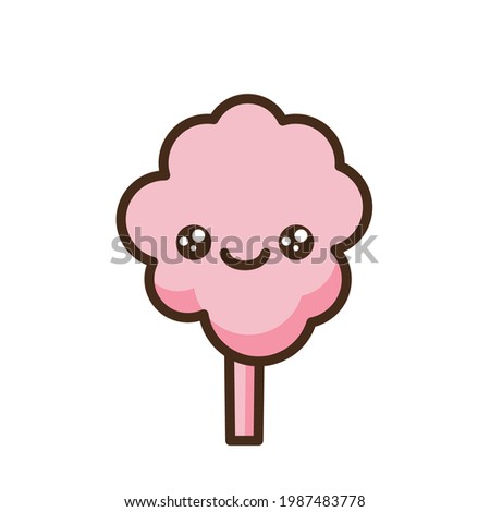 Cotton candy emoji vector character. Anime style cartoon sweet food. Funny kawaii face isolated clipart drawing. Carnival party cloud snack. Cute illustration.
