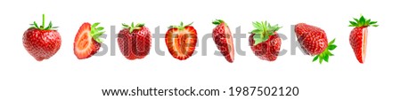 Ripe fresh red strawberry isolated on white background. Strawberry collection. Summer delicious sweet berry organic fruit, food, diet, vitamins, creative layout. Whole and chopped strawberries Royalty-Free Stock Photo #1987502120
