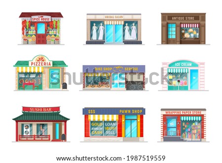 City street shops cartoon buildings. Vector spice house, bridal salon and pizzeria cafe, antique store, bike service and ice cream gelateria, sushi bar, pawn shop and wrapping paper store facade