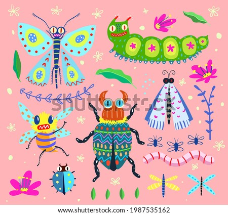 Bugs butterfly moth and caterpillar, different insects bugs and fly collection in hand drawn style, modern insects print set. Vector in freehand artistic drawing design style.