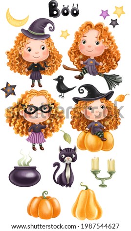 Halloween watercolor clip art. Cute witches in broomstick with hat. Autumn holiday set.