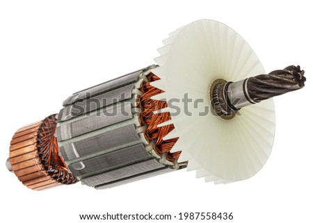 Rotor or of anchor electric motor closeup, isolated on white background