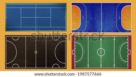 Composition of different sports fields on orange background. sport and competition concept digitally generated image.