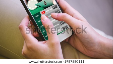 Composition of caucasian woman using smartphone with sports app. sport and competition concept digitally generated image.