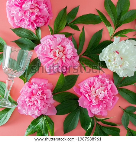 fresh pink and white peony with green leaves and wine glass on pink pastel background. jungle tropical summer gardening flat lay. abstract art