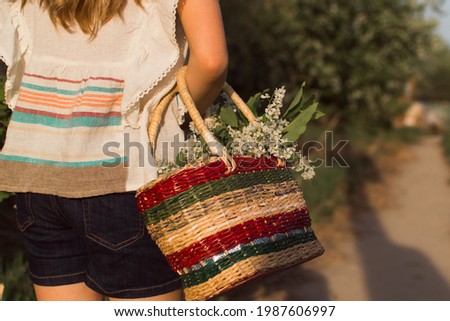cropped picture - girl with basket walking in countryside on sunlight, russian village colour
