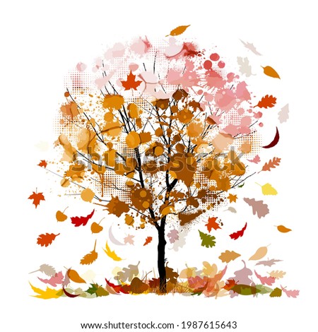 autumn with falling leaves. Orange autumn tree. Vector illustration