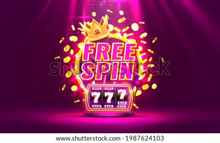 Casino free spin 777 label frame, golden banner, border winner, Vegas game. Vector illustration