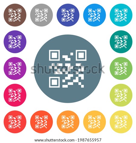 QR code flat white icons on round color backgrounds. 17 background color variations are included.
