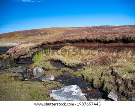 Peat erosion and loss from old peat diggings on coastal wetlands at Lunna Ness, Shetland, UK. Taken on a sunny day with a clear blue sky. Royalty-Free Stock Photo #1987657445