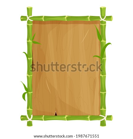Green bamboo frame with leaves, empty wooden plank, signboard in cartoon style isolated on white background. Asian tribal decoration, exotic element. Vector illustration