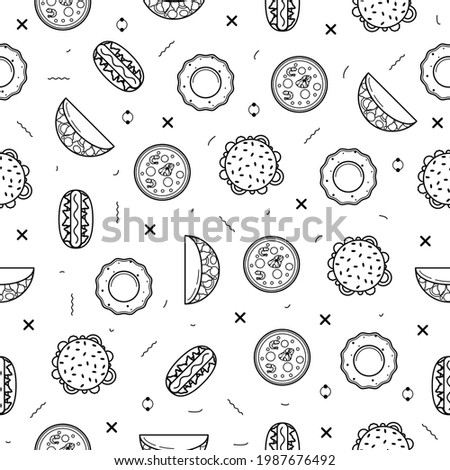 Abstract Doodle Seamless Pattern, Hand Drawn Fast Food Elements Omelette Hot Dog Tacos Humburger Vector Design Style Background Illustration Icons