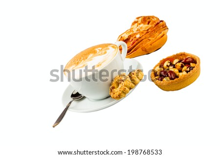 cup of cappucino and cakes isolatad on white background