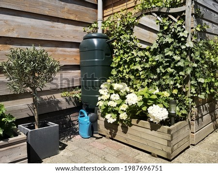 A green rain barrel with a blue watering can in a beautiful botanical garden Royalty-Free Stock Photo #1987696751