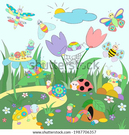 Drawing for children with a large variety of cute cartoon insects and small animals (worm, snail) to explore the world around them. Big colorful poster. Vector illustration