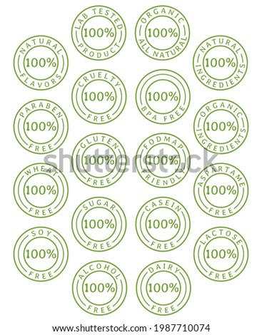 Natural and organic food line icons set. Symbols of nutrients are common in food products collection. Gluten free, lactose free, sugar free, lactose free, vegan. Nutrition facts icon.