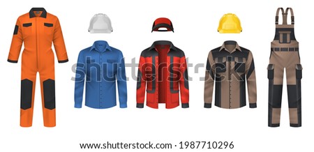 Realistic workwear. Overall uniform clothes. Jacket and helmet. Comfortable protective coveralls. Plumber and mechanic clothing. Professional outfit for workman. Vector garment set Royalty-Free Stock Photo #1987710296