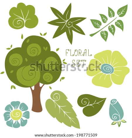 Hand drawn floral elements. Set of leaves and flowers. Vector illustration. Design elements.